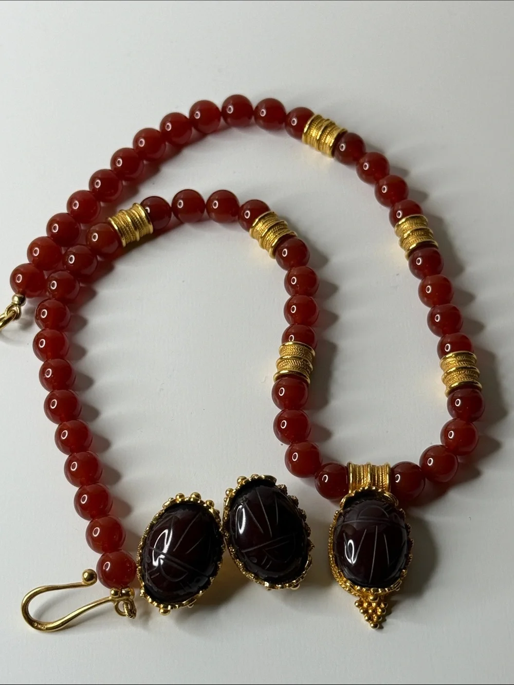 Vintage MMA Carnelian Bead Necklace earring Gold plate Scarab Egyptian revival⭐️ - Picture 13 of 17